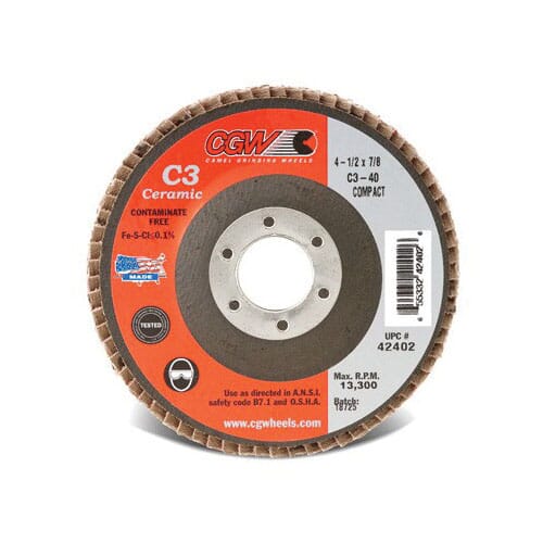 CGW® 42455 Contaminant-Free Compact XL Coated Abrasive Flap Disc, 4-1/2 in Dia, 80 Grit, Fine Grade, C3 Ceramic Abrasive
